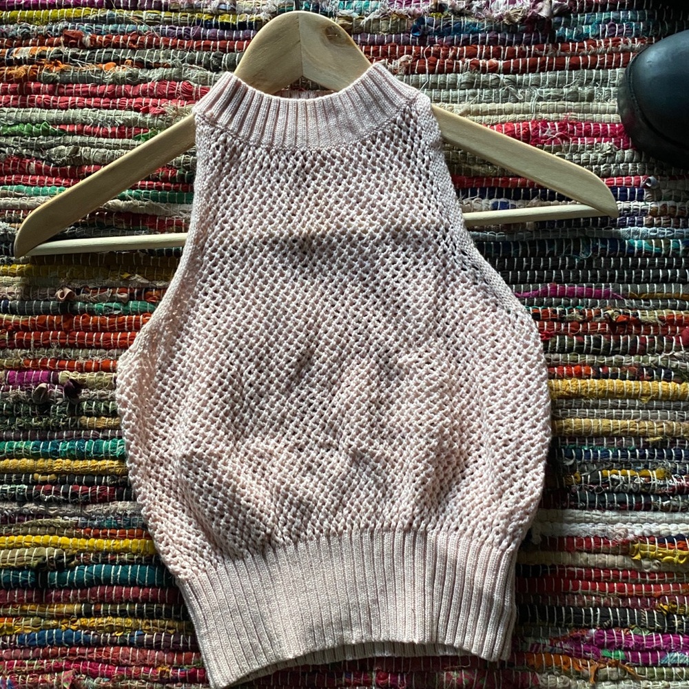 Baby Pink Mesh Crop Sleeveless Crop Sweater